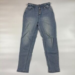 No Boundaries Jeans Women's 5 Blue Distressed Double Stitch Elastic Button Fly